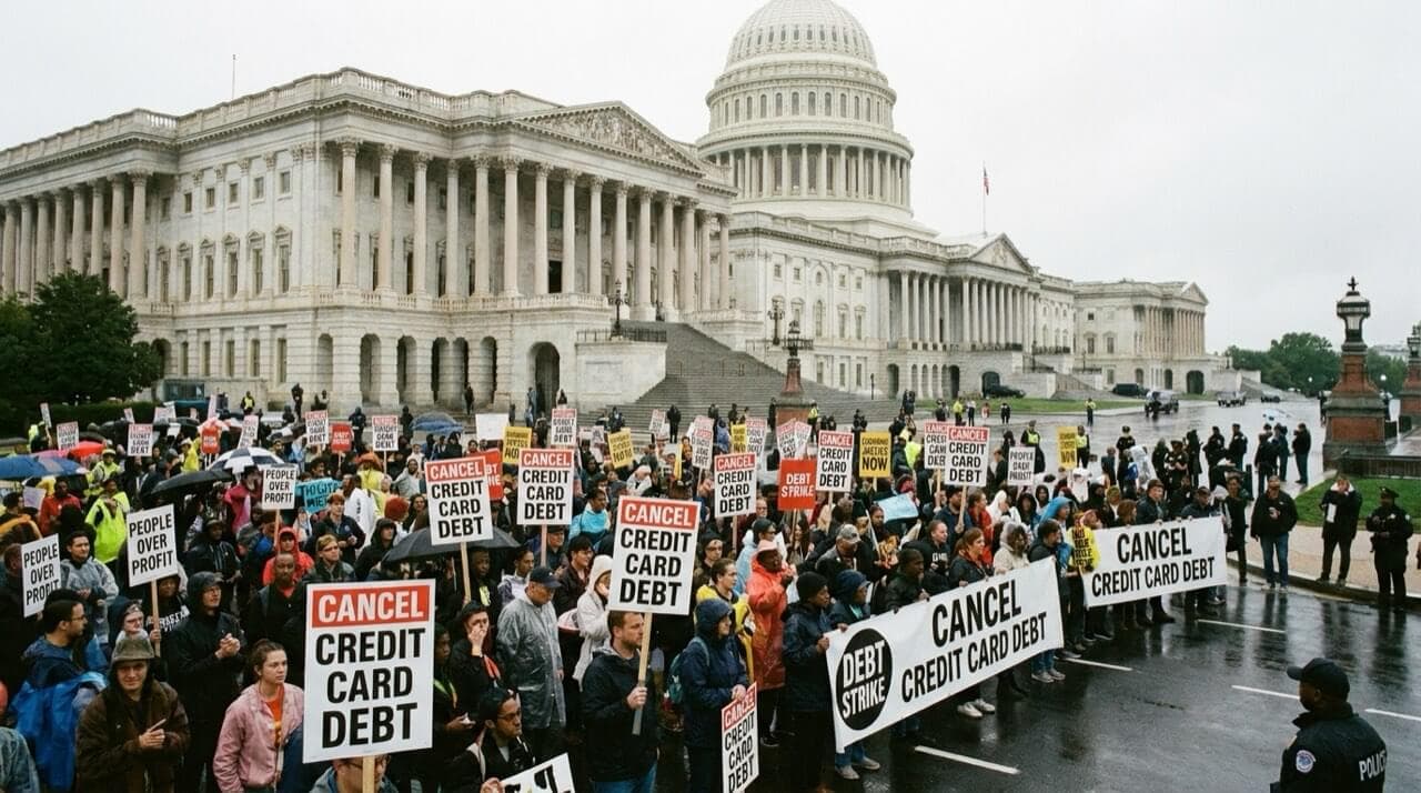 Demonstrators outside the U.S. Capitol holding signs reading Cancel Credit Card Debt